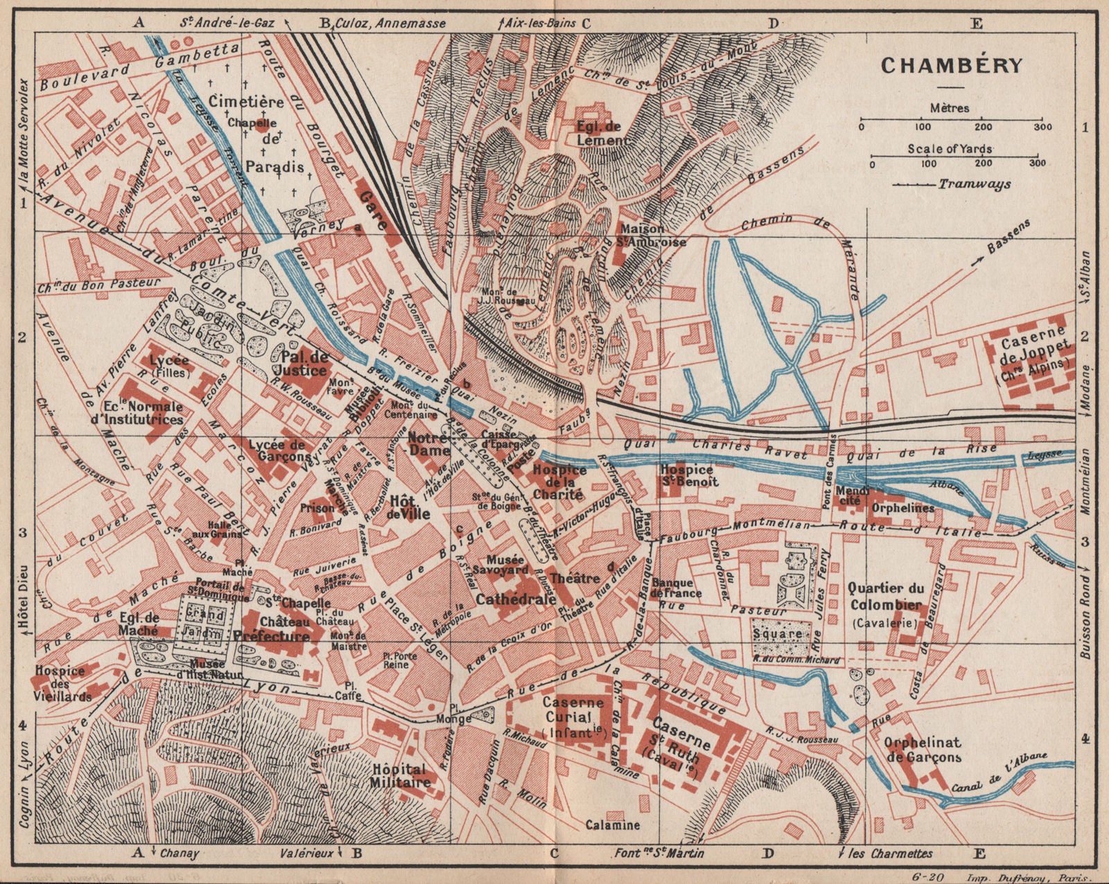 CHAMBÉRY. Vintage town city map plan. Savoie 1920 old antique chart